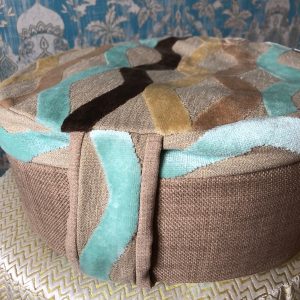Beige with brown and turquoise waves meditation cushion from equilibrium lifestyle made from organic sustainable materials