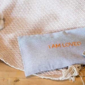 Relaxation Eye Pillow - White With Blue Stripes 'I Am Loved' Affirmation in orange