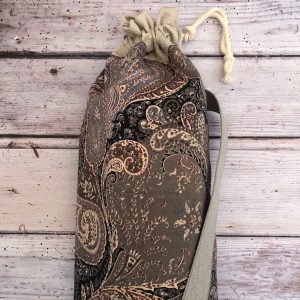 handmade yoga mat bag in grey paisley and silver with a light grey strap